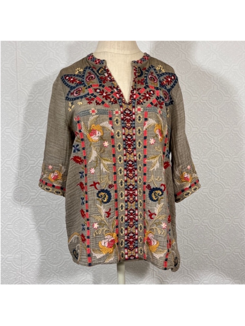 Johnny Was Taupe Floral Tunic top